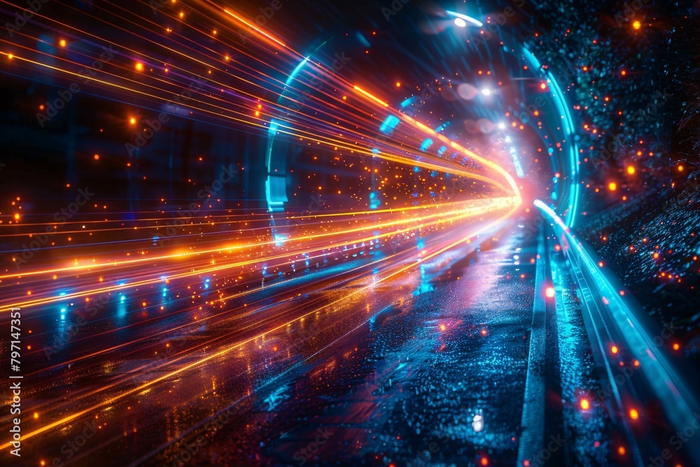 Abstract blue orange geometric speed futuristic technology texture with glowing 3d lines lights shapes pattern wall background banner illustration, backdrop for design web, wallpaper (Generative Ai) Abstract blue orange geometric speed futuristic technology texture with glowing 3d lines lights shapes pattern wall background banner illustration, backdrop for design web, wallpaper (Generative Ai)