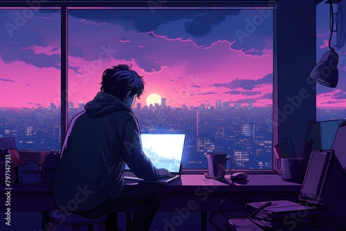 A Lonely boy Using laptop in Apartment furniture computer table.