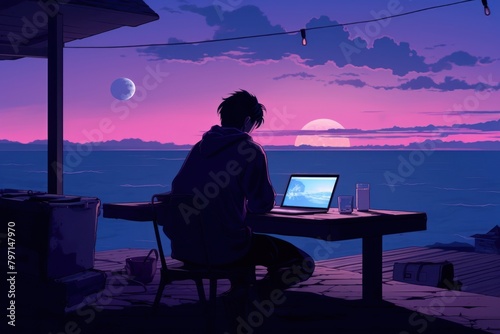 A Lonely boy Using laptop at Beach house computer horizon sitting.