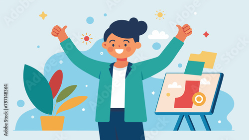 A person proudly displaying their finished art piece to their the feeling a sense of accomplishment and relief at having released their emotions onto. Vector illustration
