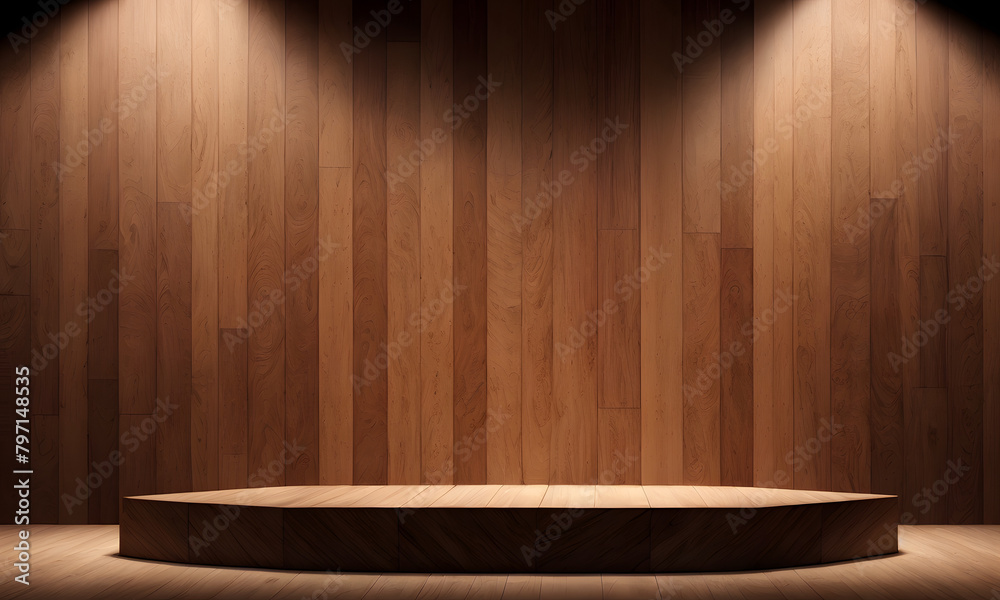 SHOWCASE PODIUM FOR PRODUCT PRESENTATION AT WOODEN BACKGROUND SHOWCASE PODIUM FOR PRODUCT PRESENTATION AT WOODEN BACKGROUND
