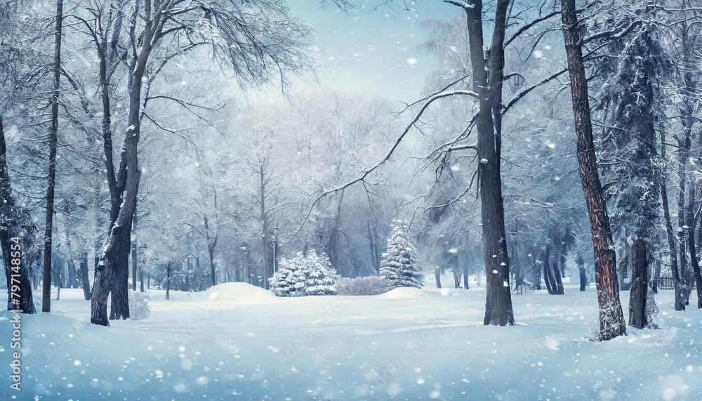 winter illustration for greeting card or invitation poster with a snowy landscape with an forest glade in a city park