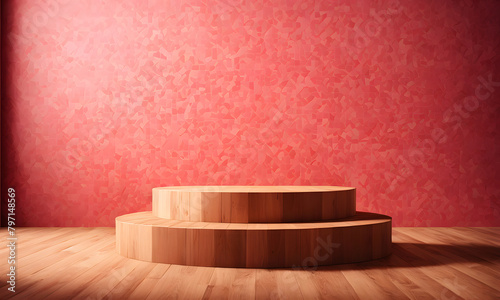 WOODEN SHOWCASE PODIUM FOR PRODUCT PRESENTATION AT PASTEL COLOR BACKGROUND