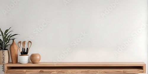  Wooden shelf and accessories décor in living room interior on empty tiles white wall background 