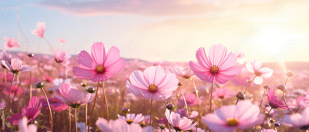 Soft Light on Pink Cosmos Flowers