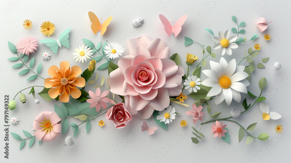 3D render of a joyful floral arrangement with abstract cut paper flowers isolated on a white background with a botanical theme. Pastel colors of rose, daisy, dahlia, butterfly, and foliage.
