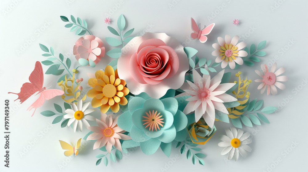 3D render of a joyful floral arrangement with abstract cut paper flowers isolated on a white background with a botanical theme. Pastel colors of rose, daisy, dahlia, butterfly, and foliage. 3D render of a joyful floral arrangement with abstract cut paper flowers isolated on a white background with a botanical theme. Pastel colors of rose, daisy, dahlia, butterfly, and foliage.
