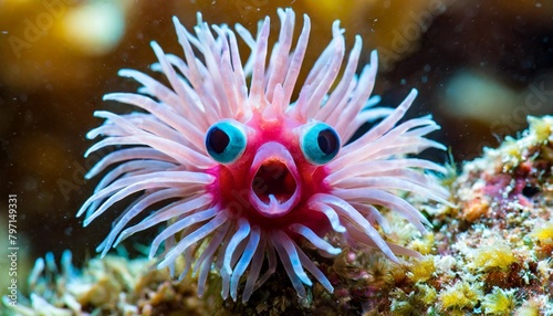 a photo of a pink blue sea anemone with a surprised expression
