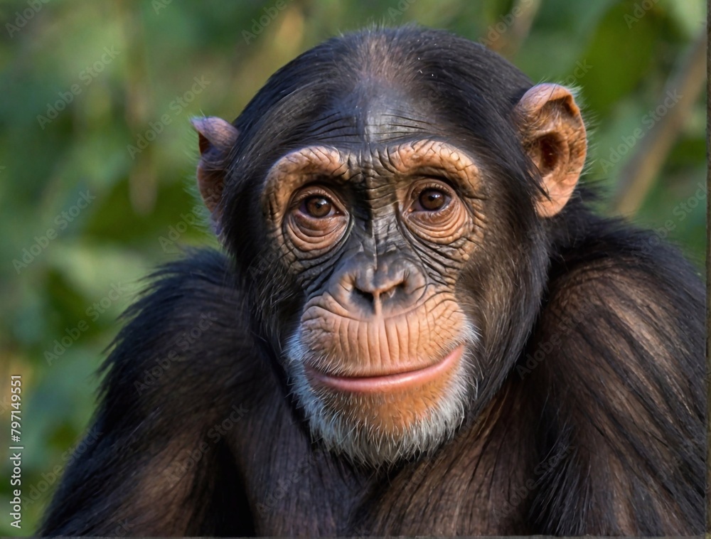 Chimpanzee monkey close up portrait in natural habitat. Wildlife animal. Chimpanzee monkey close up portrait in natural habitat. Wildlife animal.