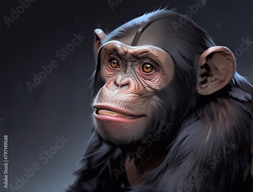 Chimpanzee monkey portrait on black background. 