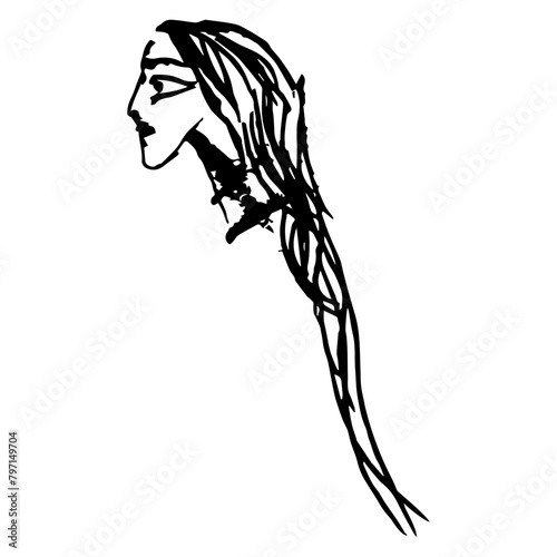 Head of a woman with long hair. Hand drawn linear doodle rough sketch. Black and white silhouette.