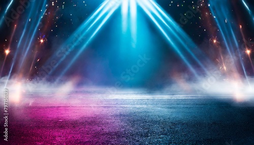 stage shows a blue and purple background an empty dark scene laser beams neon spotlights reflecting on the asphalt floor studio room with smoke floating up a night view of the street