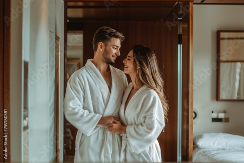 romantic couple in white hotel robes at a spa weekend getaway