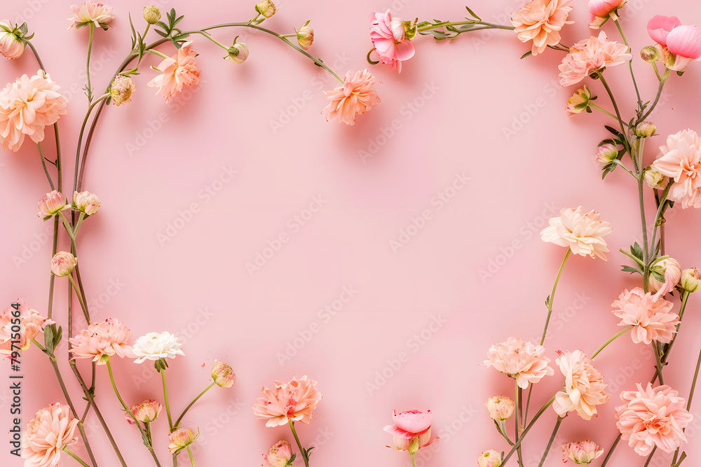 Floral background feminine flowers in pastel colors. Valentine's day, Mother's day, Women's day postcard. Flat lay copy space.