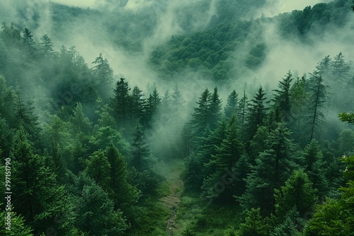 Healthy green trees in a forest of old spruce  fir and pine. Spruce trees down the hill to coniferous forest in fog at sunrise . drone view
