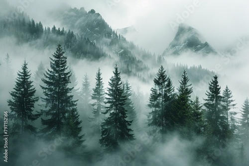 Healthy green trees in a forest of old spruce, fir and pine. Spruce trees down the hill to coniferous forest in fog at sunrise . drone view