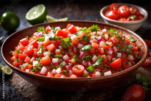Plate of pico de gallo salsa, vegetarian salad sauce cuisine dish