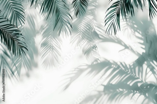 A white wall with green palm leaves and shadows vegetation rainforest arecaceae.