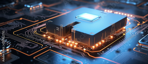 Modern 3D Rendered Blue Microchip on Tech Circuit Board