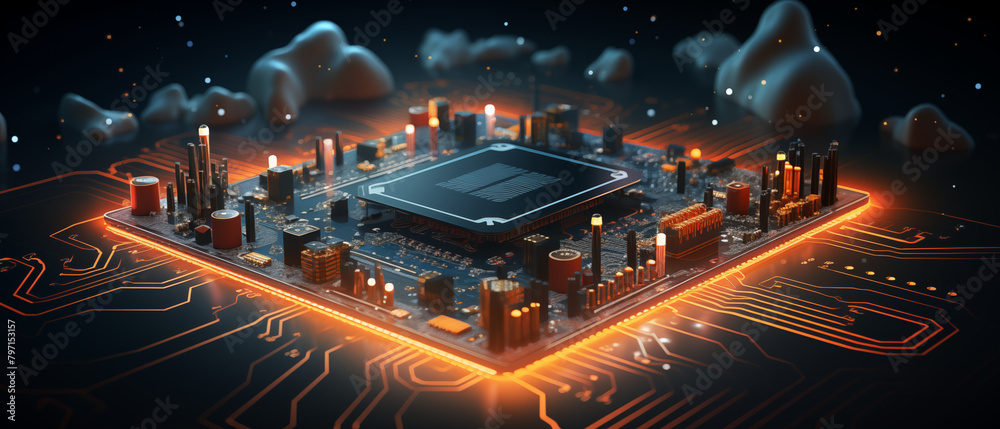 3D Rendered Microchip City Concept on Circuit Board