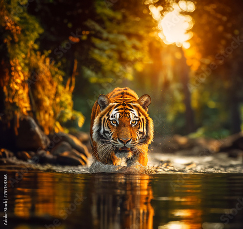 Majestic Wild Tiger Beautiful Big Cat Predator Carnivore Walking on Water   Hunter Eyes Dangerous Feline Hunting in a Rainforest   Alpha King Bengal Siberian Tigers in a Jungle Showing Teeths Sunset