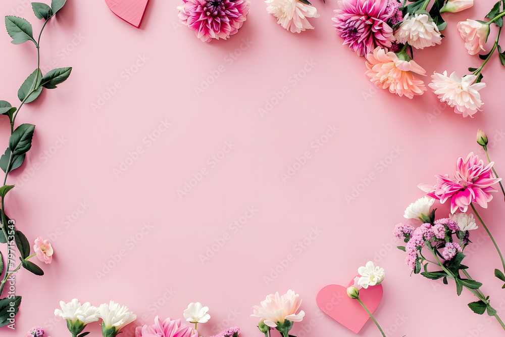 Floral background feminine flowers in pastel colors. Valentine's day, Mother's day, Women's day postcard. Flat lay copy space.