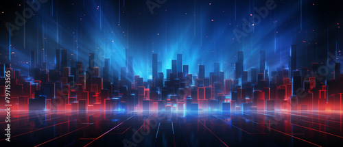 Futuristic Digital Cityscape with Blue and Red Neon Lights