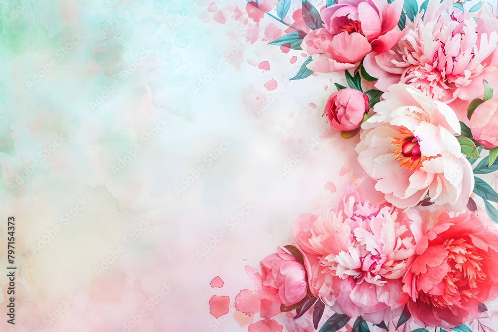 Floral watercolor background feminine flowers in pastel colors. Mockup Mother's Day, Valentine's day, Women's day postcard.