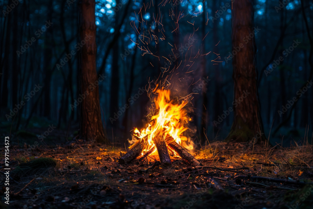 An isolated bonfire in the middle of a forest at night An isolated bonfire in the middle of a forest at night