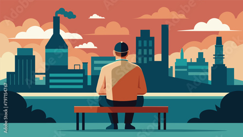 A man sat alone on a bench gazing at a painting of a bustling cityscape from the Industrial Revolution while contemplating the impact of the period on. Vector illustration