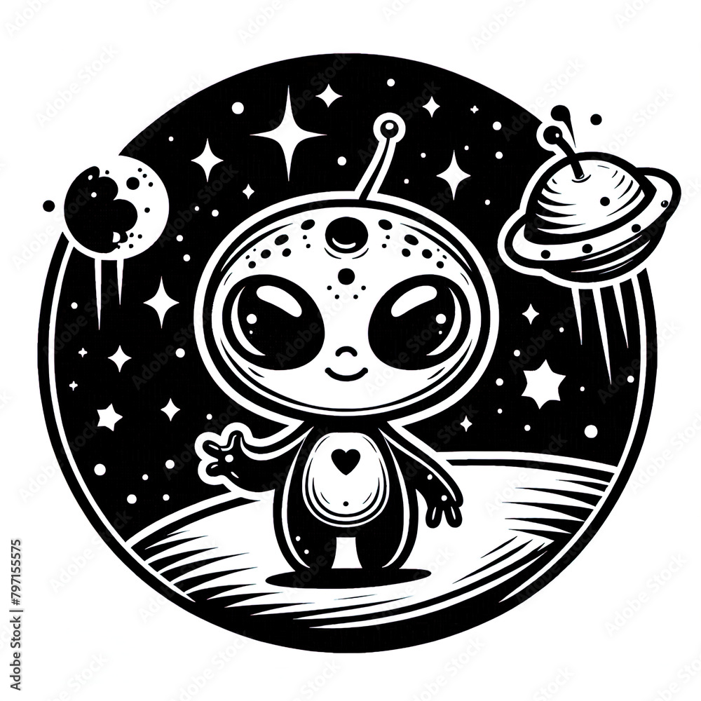 Obraz premium Eine minimalistische schwarz weiße Vektorgrafik eines kleinen Aliens
