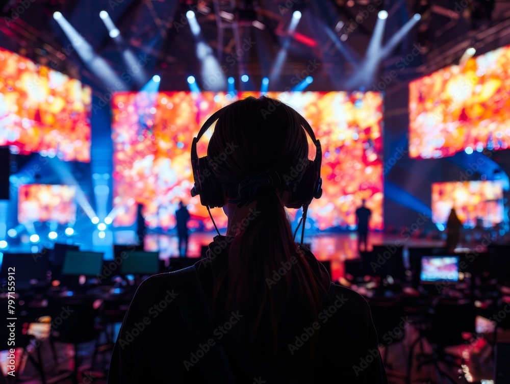 A woman wearing headphones is standing in front of a large stage with bright lights.