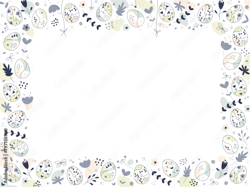 Happy Easter Doodle frame. Horizontal Floral Design. Vector copy space Background for greeting card, banner or invitation Happy Easter Doodle frame. Horizontal Floral Design. Vector copy space Background for greeting card, banner or invitation