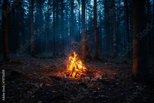 An isolated bonfire in the middle of a forest at night