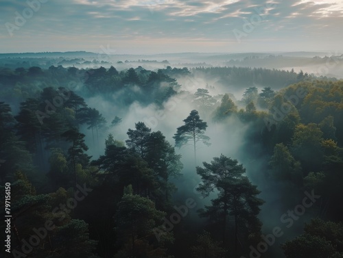 An aerial view of a misty forest at sunrise