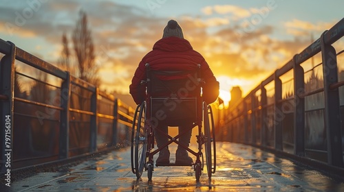 Person in a wheelchair pausing on a bridge during a beautiful sunset photo