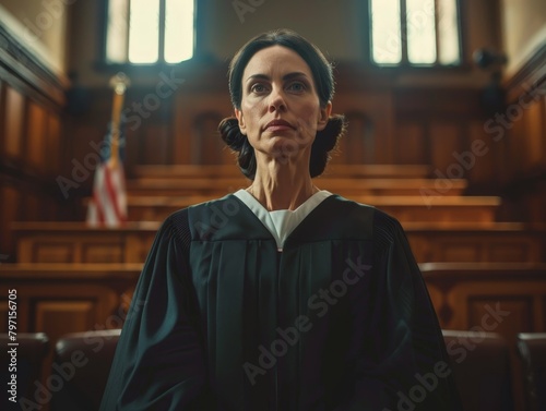 Stern judge presiding over a courtroom photo