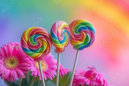 Colorful lollipops with flowers on a vibrant background