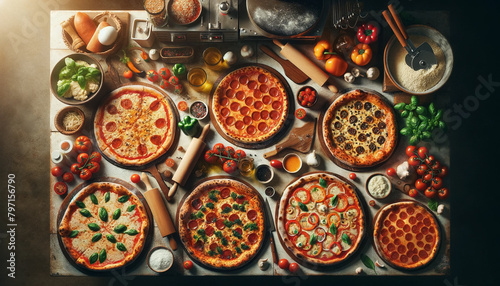 Top-down view of a traditional Italian pizza kitchen with a variety of pizzas like Margherita, Pepperoni, and Vegetarian, set in an authentic pizzeria ambiance