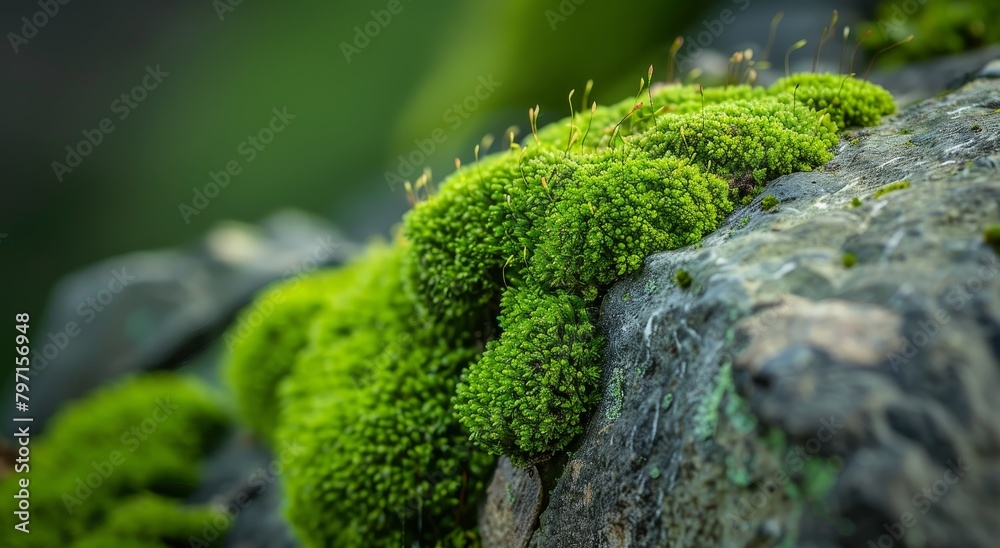 Lush green moss growing on a rock in a serene natural setting Lush green moss growing on a rock in a serene natural setting