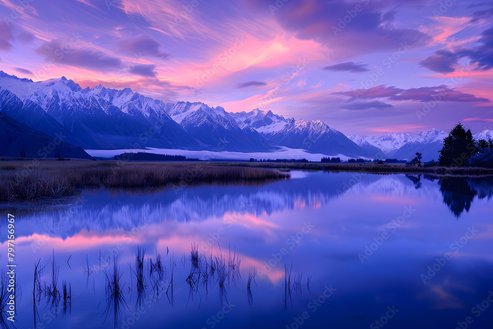 Twilight Serenity: Majestic Mountain Landscape & Reflective Lake Under the Pastel Evening Sky