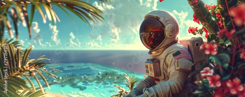 Serene scene of an astronaut gazing at the ocean from a lush tropical coast