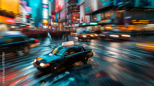 A dynamic image capturing a sleek car speeding through the bustling streets of the city, leaving a trail of motion blur in its wake
