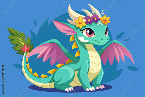 Visualize a young dragon with a crown of flowers perched atop its head  its regal demeanor a testament to its royal lineage