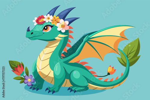 Visualize a young dragon with a crown of flowers perched atop its head, its regal demeanor a testament to its royal lineage