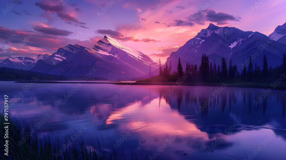 Twilight Serenity: Majestic Mountain Landscape & Reflective Lake Under the Pastel Evening Sky