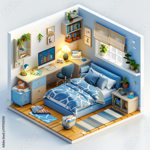 Isometric modern kids bedroom interior, 3D illustration.