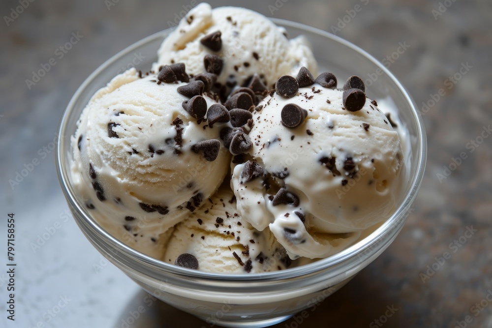 Bowl of chocolate chip ice cream on a table Bowl of chocolate chip ice cream on a table