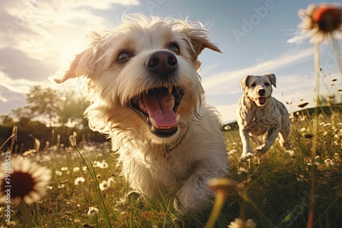 Happy Dog Enjoying Sunset in Flowery Meadow