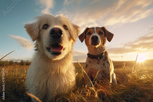 Two Dogs Sitting Calmly During Golden Hour